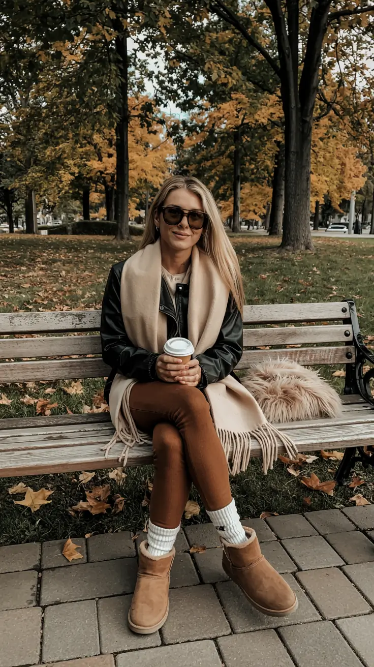 Ugg outfit inspiration 2026 – Caramel Uggs with Leather and Oversized Scarf