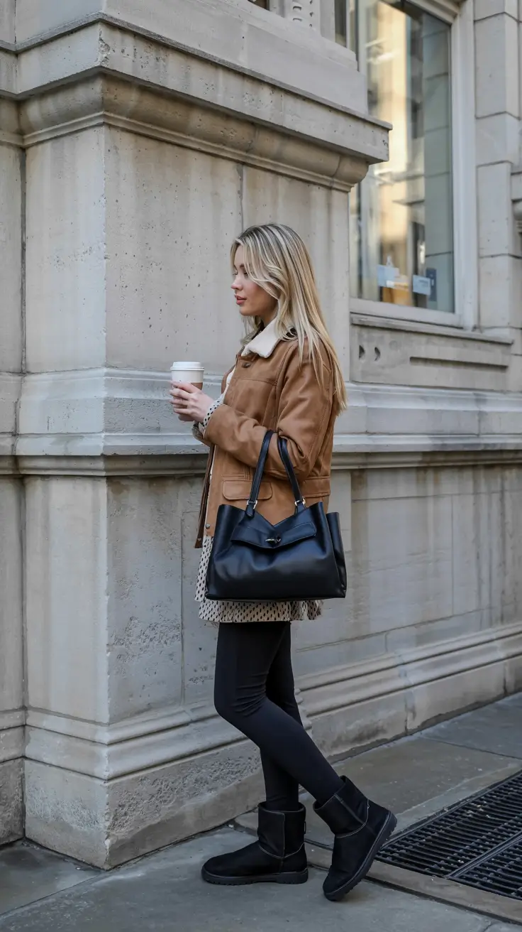 Ugg outfit inspiration 2026 – Shearling Jacket, Leggings and Black Uggs