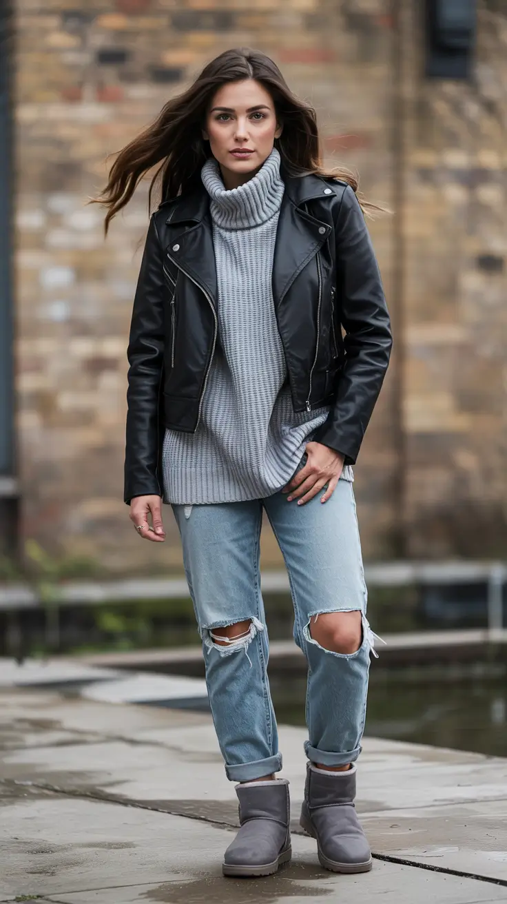 Ugg outfit inspiration 2026 – Grey Street Style with Ripped Jeans and Ugg Botas