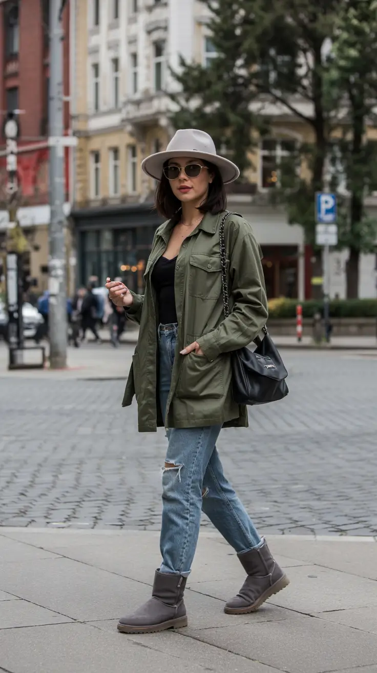 Ugg outfit inspiration 2026 – Olive Utility Jacket with Gray Ugg Botas