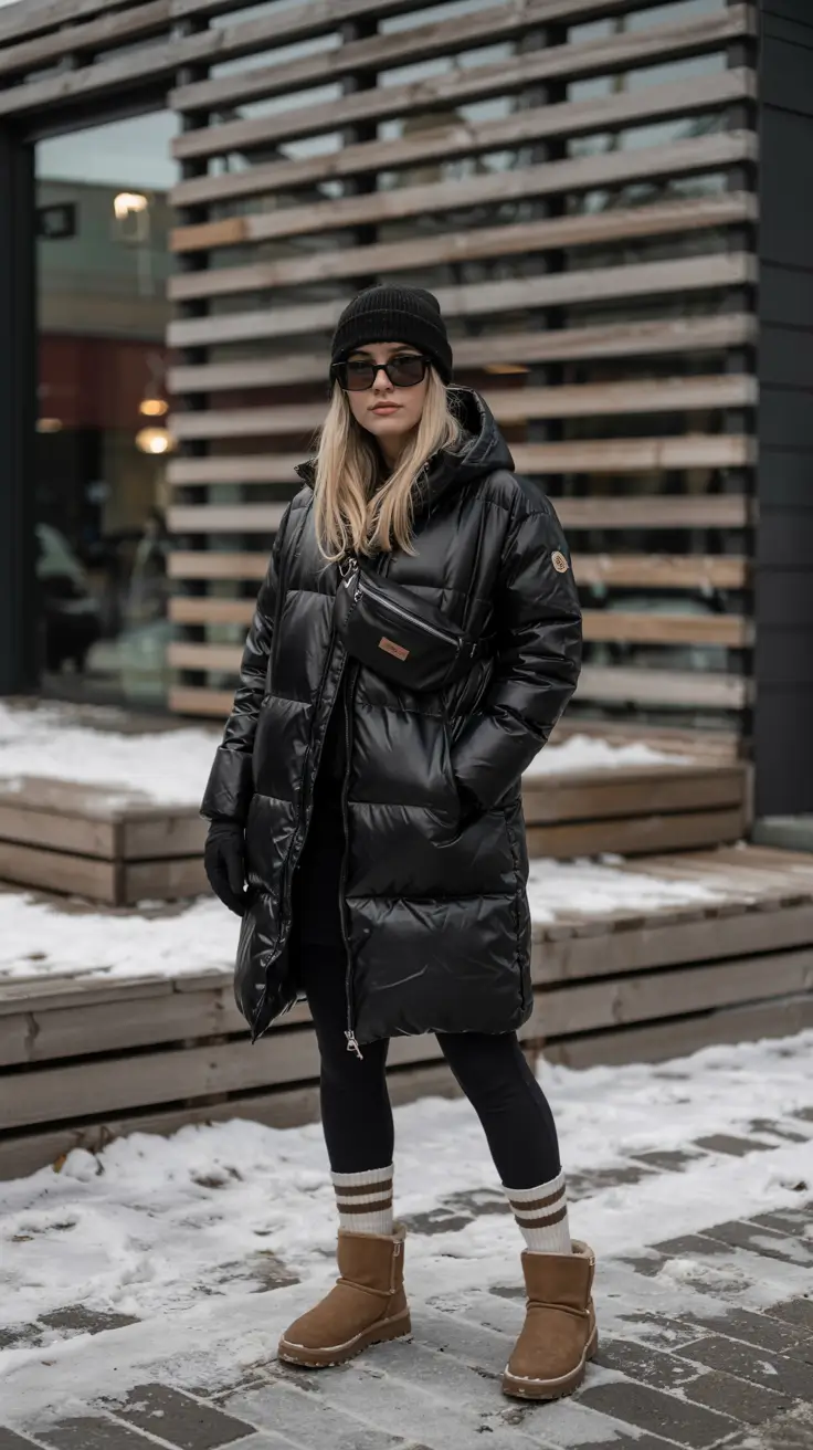 Ugg outfit inspiration 2026 – All-Black Puffy Coat with Warm Brown Uggs