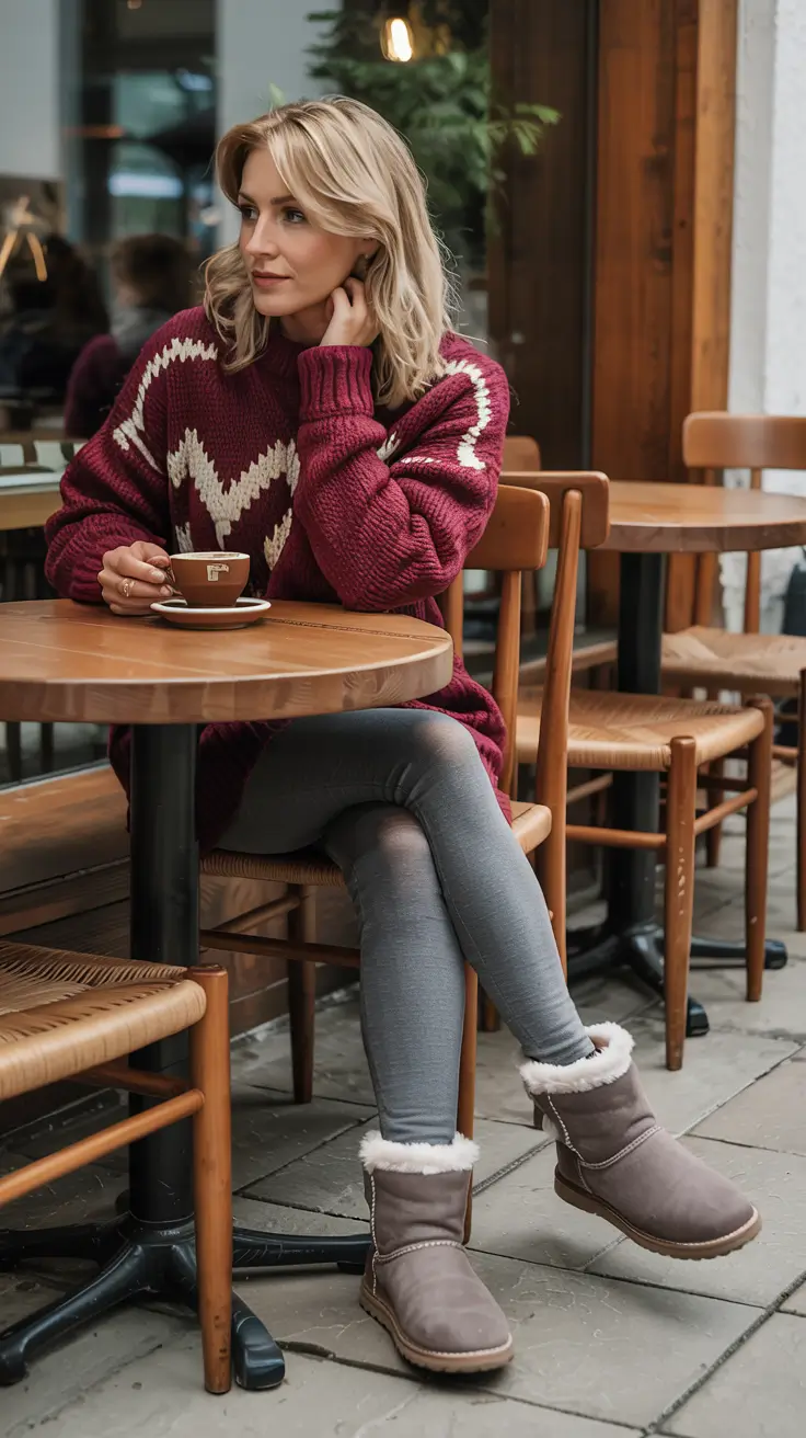 Ugg outfit inspiration 2026 – Burgundy Knit Warmth with Grey Ugg Botas