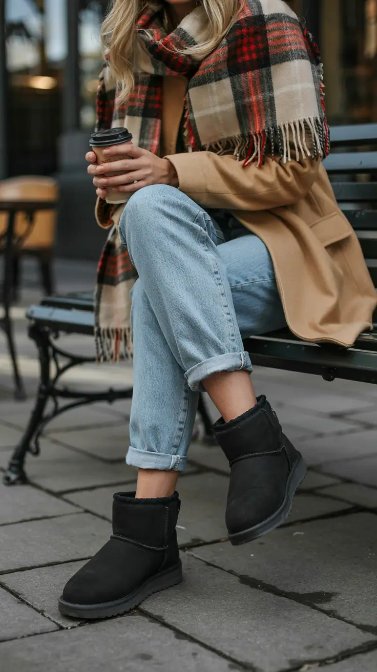 Ugg outfit inspiration 2026 – Camel Coat, Plaid Scarf and Black Ugg Classics