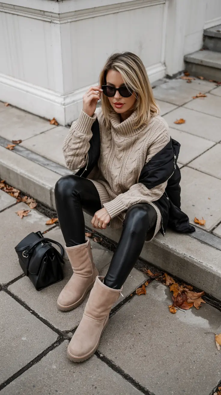 Ugg outfit inspiration 2026 – Tall Knit, Faux-Leather Leggings and Beige Ugg Boots