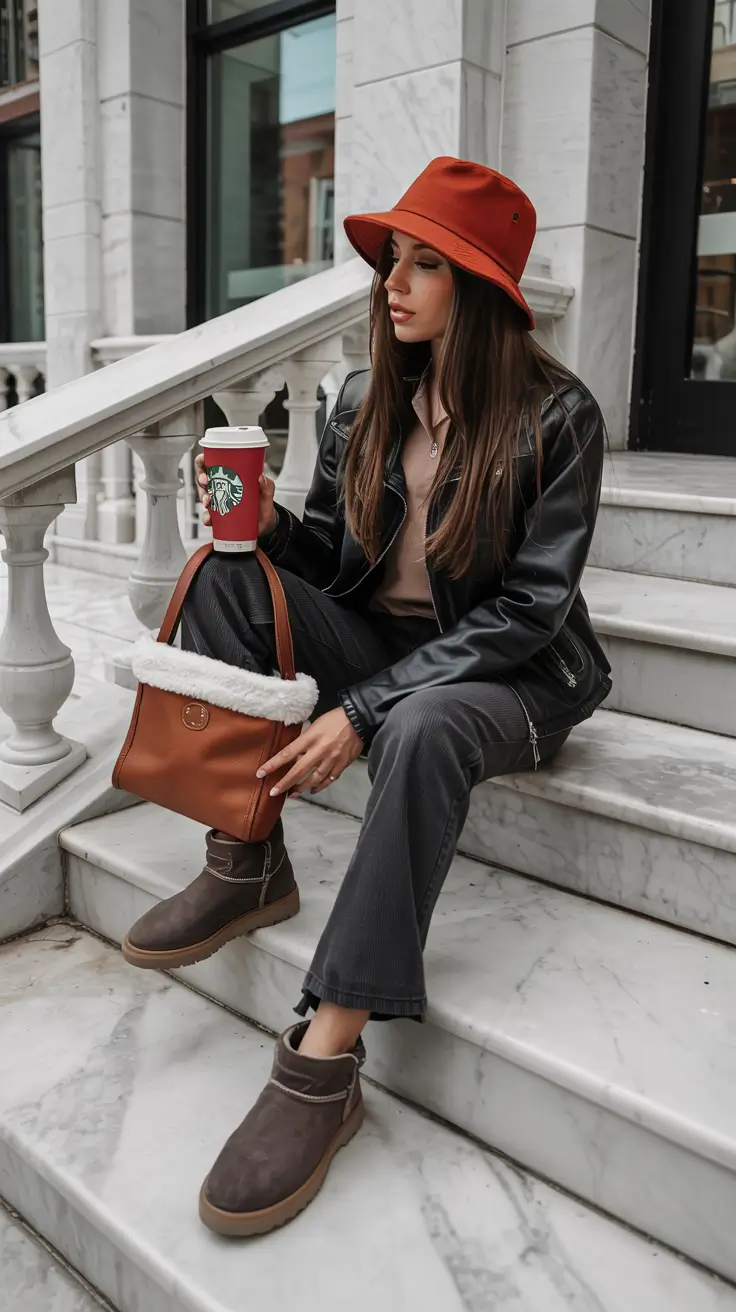 Ugg outfit inspiration 2026 – Dark Brown Uggs with Leather and a Pop of Color