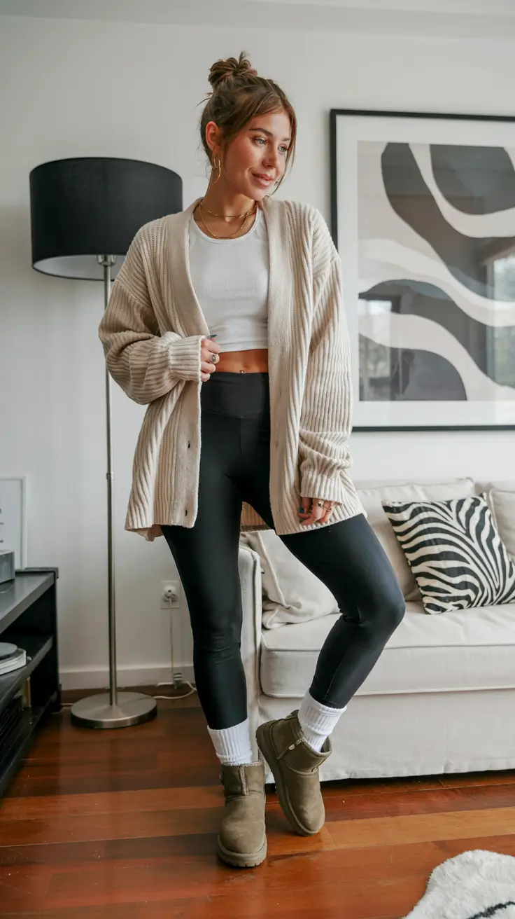 Ugg outfit inspiration 2026 – Soft Cardigan Layers with Low Uggs Indoors