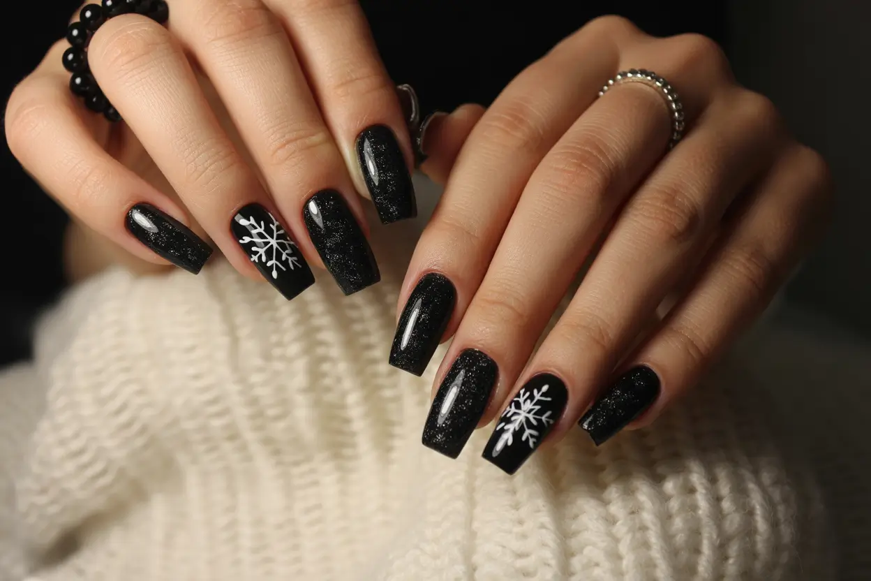 Snowflake noir winter nail color inspo