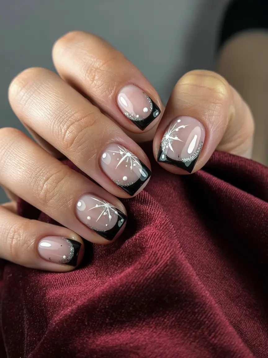 Frosted black french winter nail color inspo