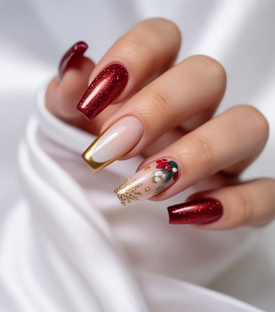 Golden poinsettia winter nail color inspo