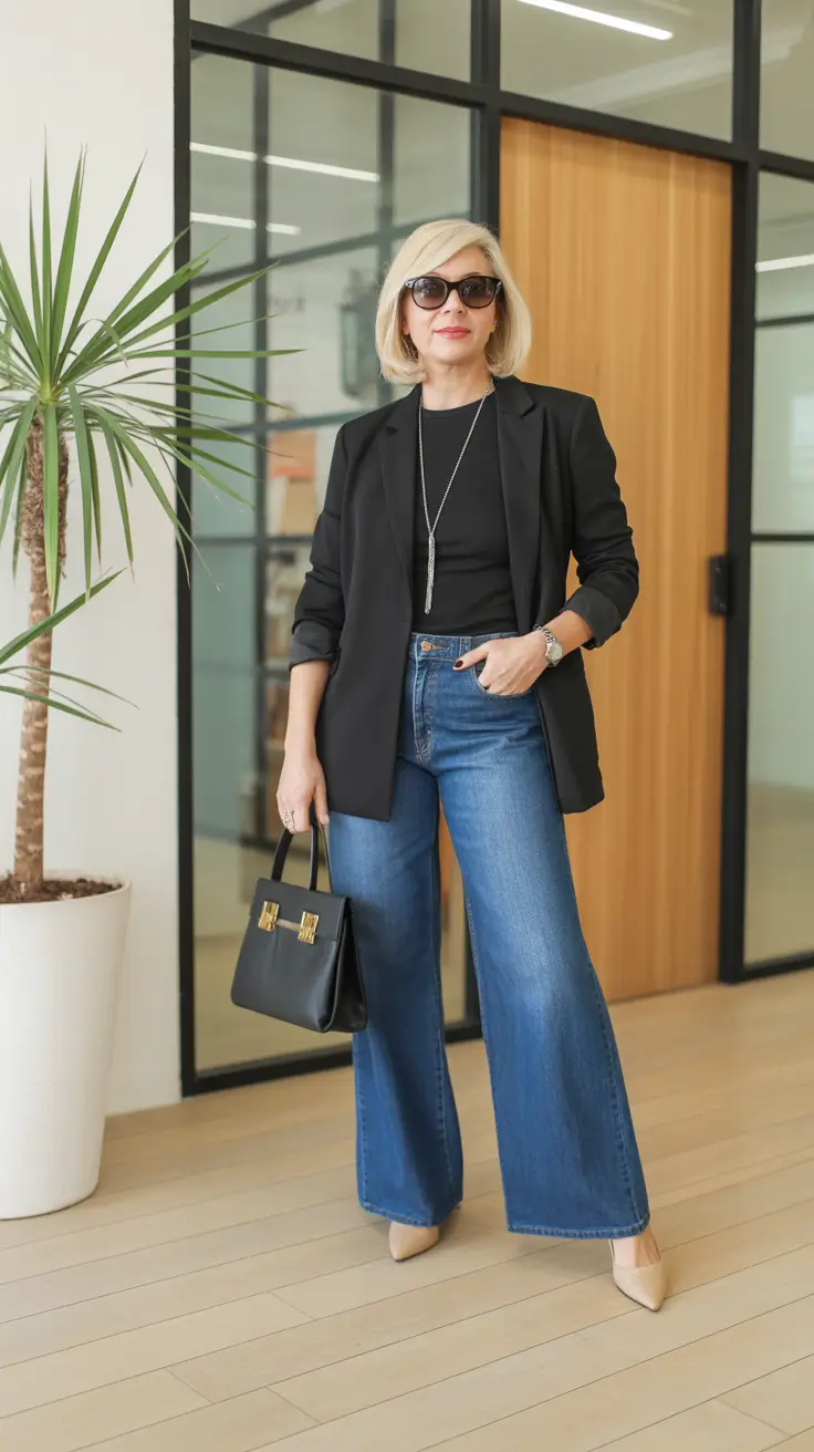 Denim blazer classic business casual outfit 2026