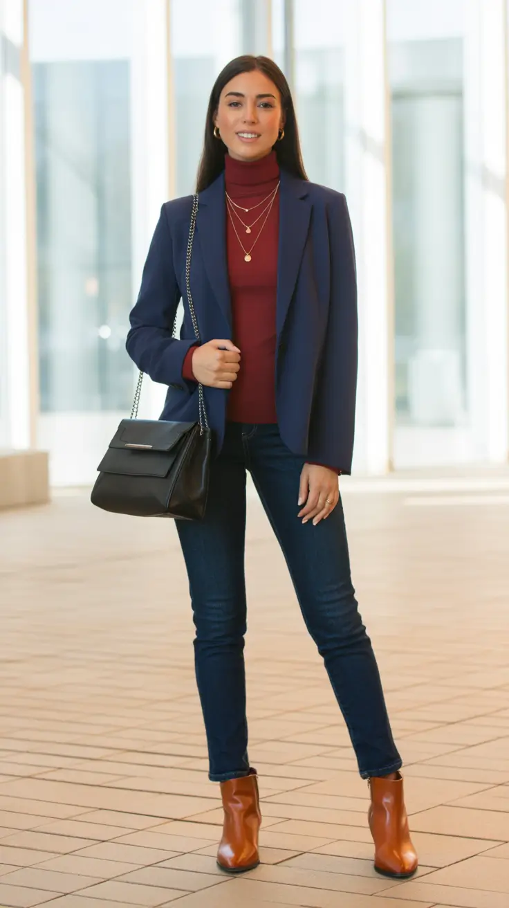 Navy blazer and burgundy top work outfit 2026
