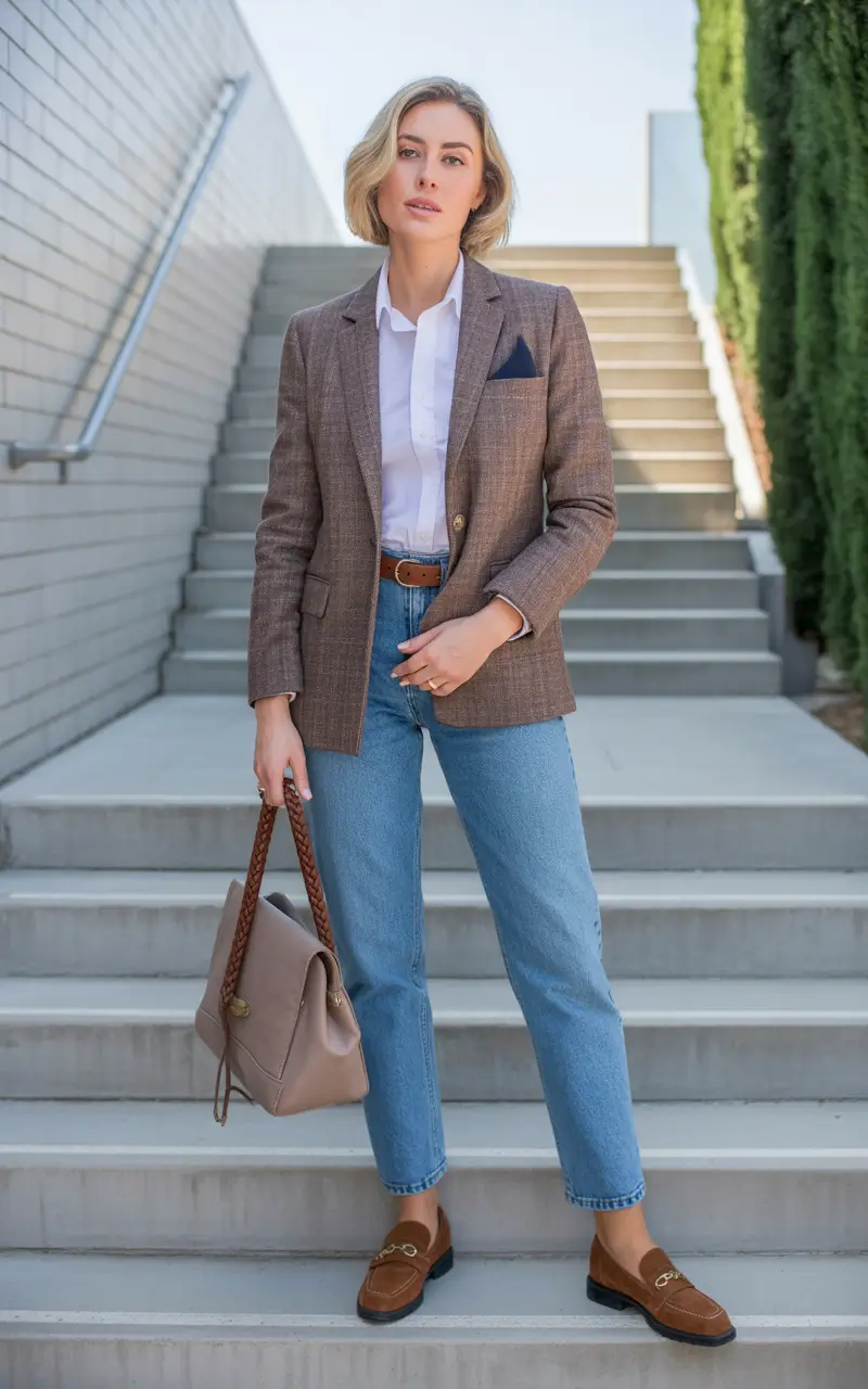 Brown plaid blazer outfit for women 2026
