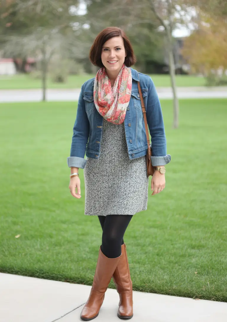 Casual Friday denim jacket and knit dress outfit 2026