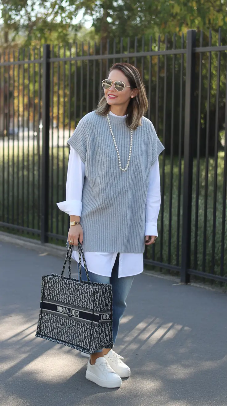 Grey sweater vest over white shirt work outfit 2026