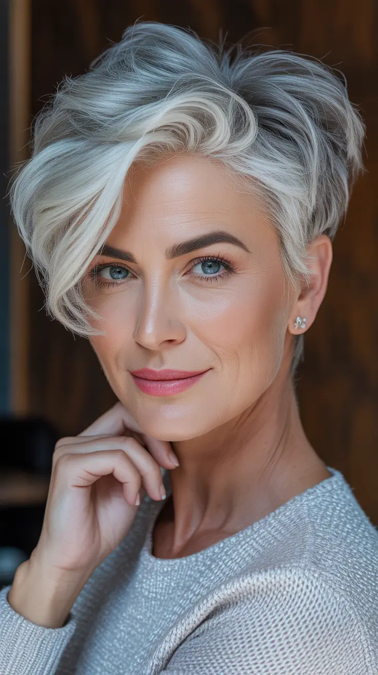 asymmetrical pixie haircut ideas 2026 Silver Swirl Pixie With Voluminous Crown
