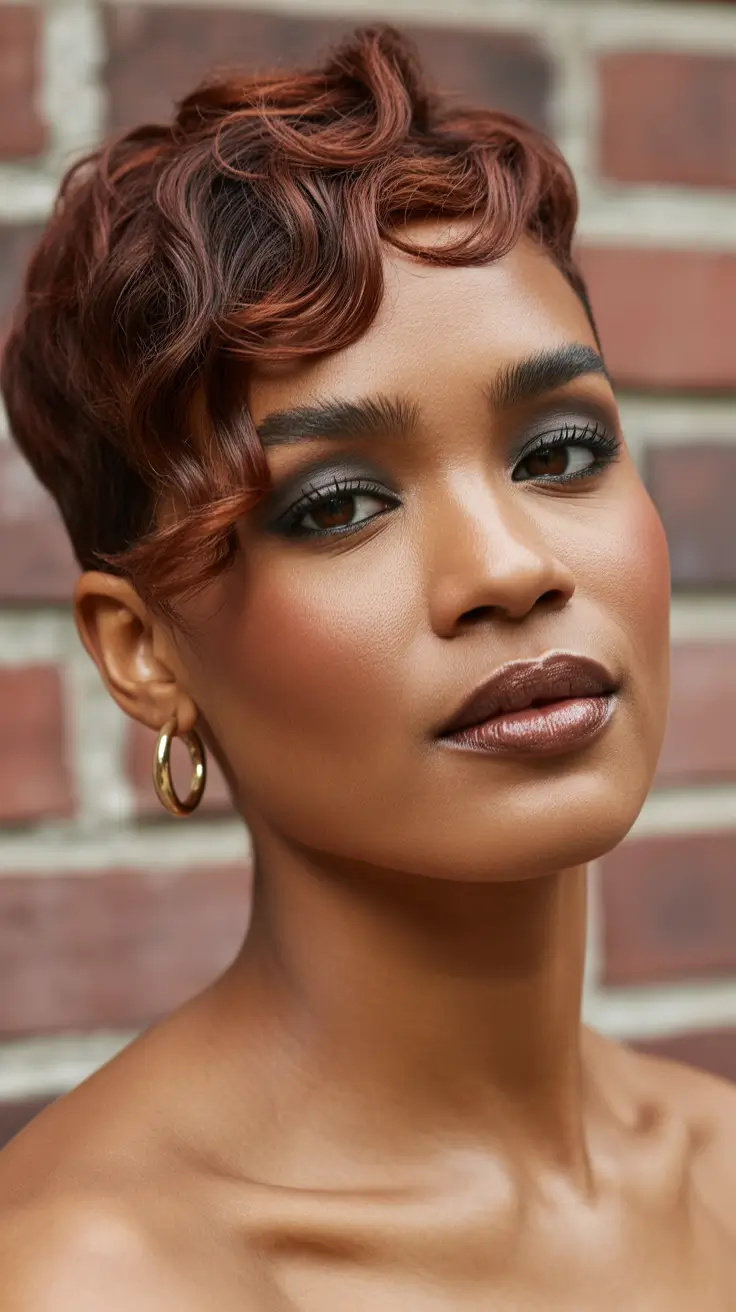 asymmetrical pixie haircut ideas 2026 Elegant Sculpted Pixie With Soft Cinnamon Waves