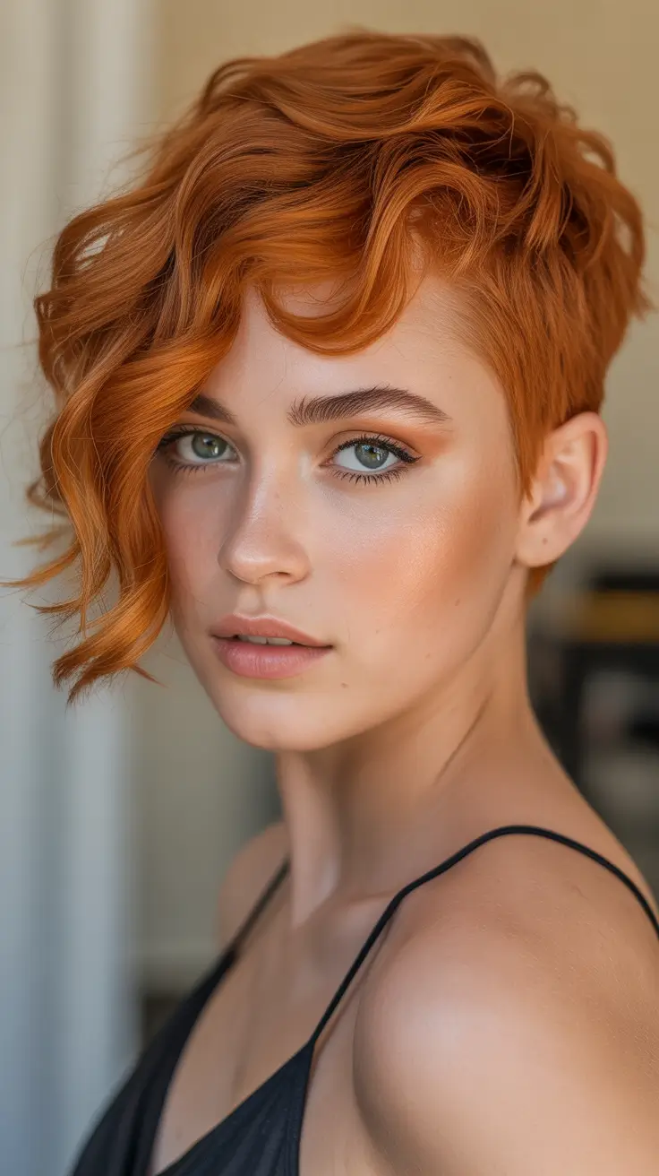 asymmetrical pixie haircut ideas 2026 Soft Ginger Waves With Asymmetric Curl Definition