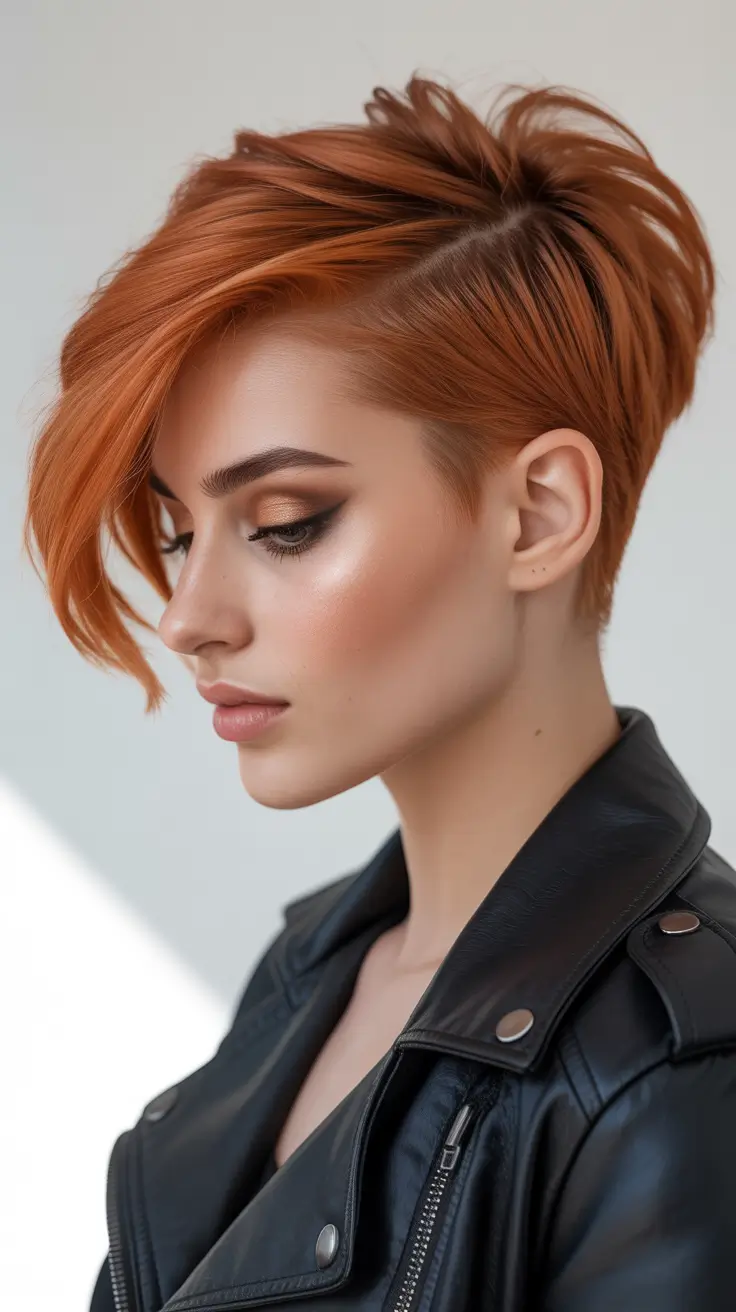 asymmetrical pixie haircut ideas 2026 Edgy Copper Pixie With Graphic Side Part