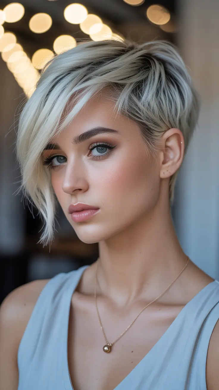 asymmetrical pixie haircut ideas 2026 Platinum Smooth Pixie With Sleek Edge