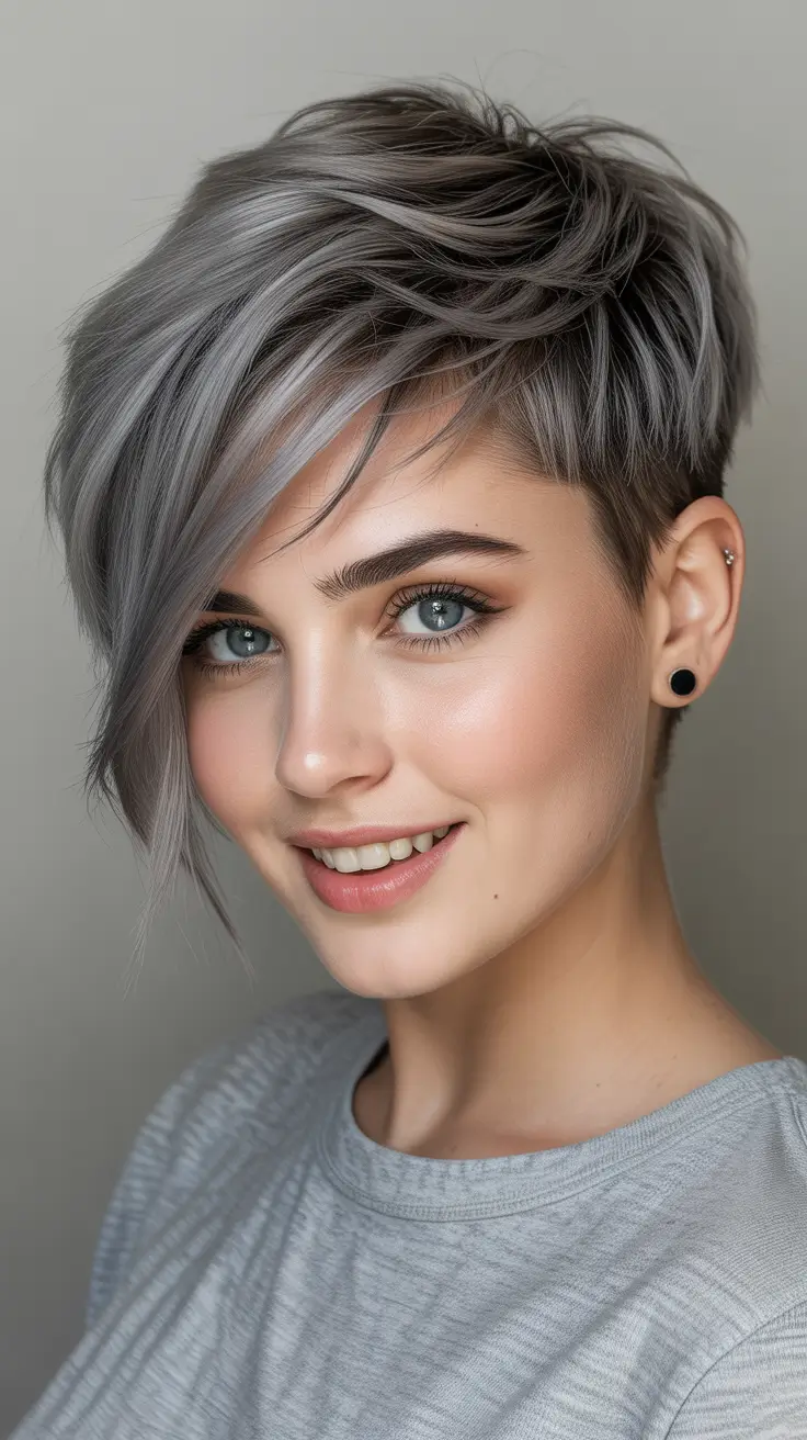 asymmetrical pixie haircut ideas 2026 Soft Silver Pixie With Long Side Sweep