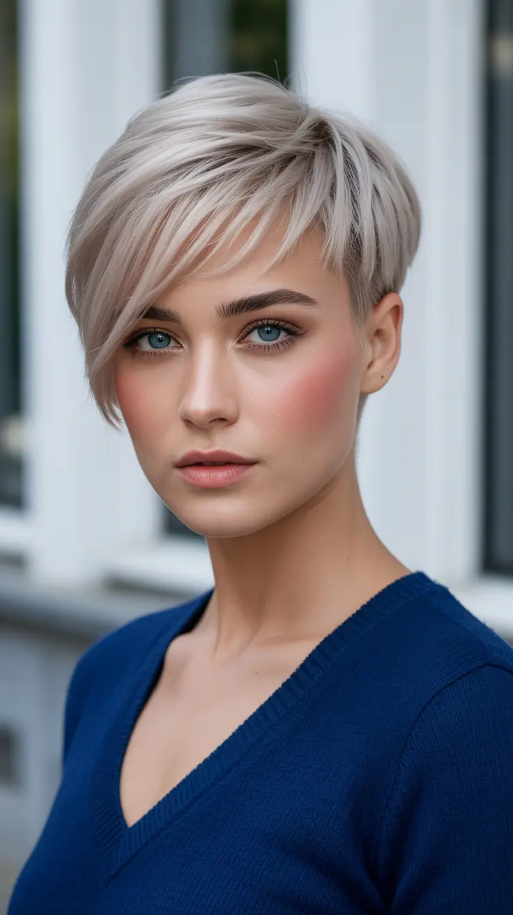 asymmetrical pixie haircut ideas 2026 Silky Pearl-Blonde Pixie With Side-Swept Grace