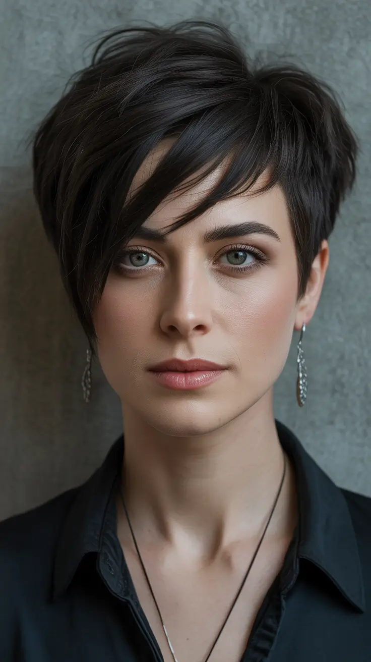 asymmetrical pixie haircut ideas 2026 Midnight Brunette Pixie With Tapered Volume