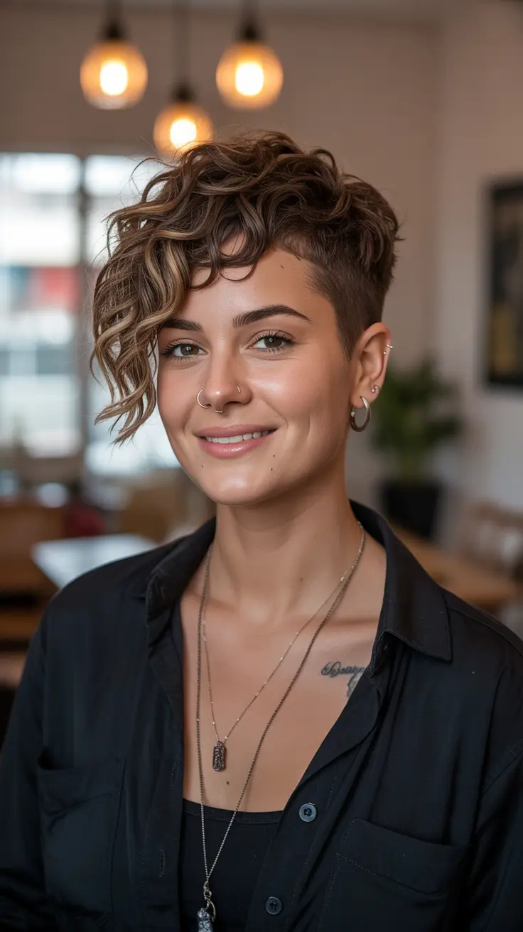 asymmetrical pixie haircut ideas 2026 Curly Side-Swept Undercut Pixie With Defined Ribbons