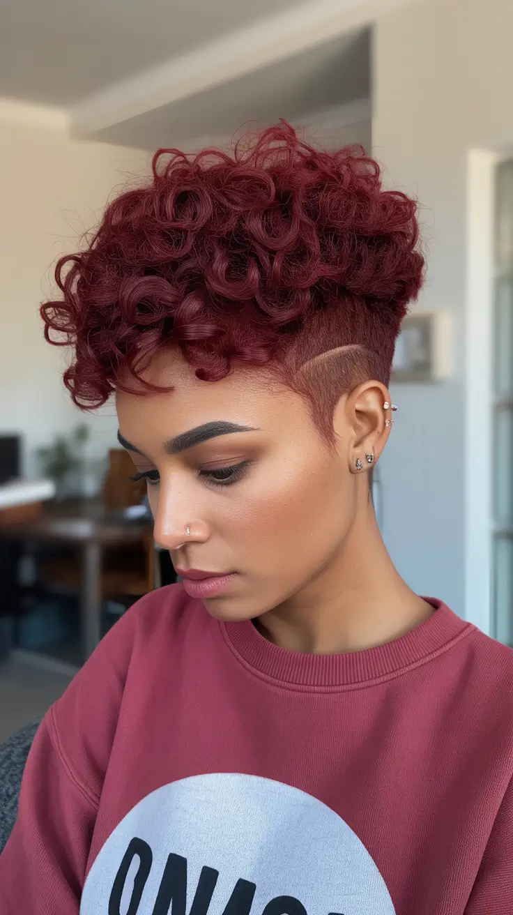 asymmetrical pixie haircut ideas 2026 Deep Burgundy Curly Pixie Undercut