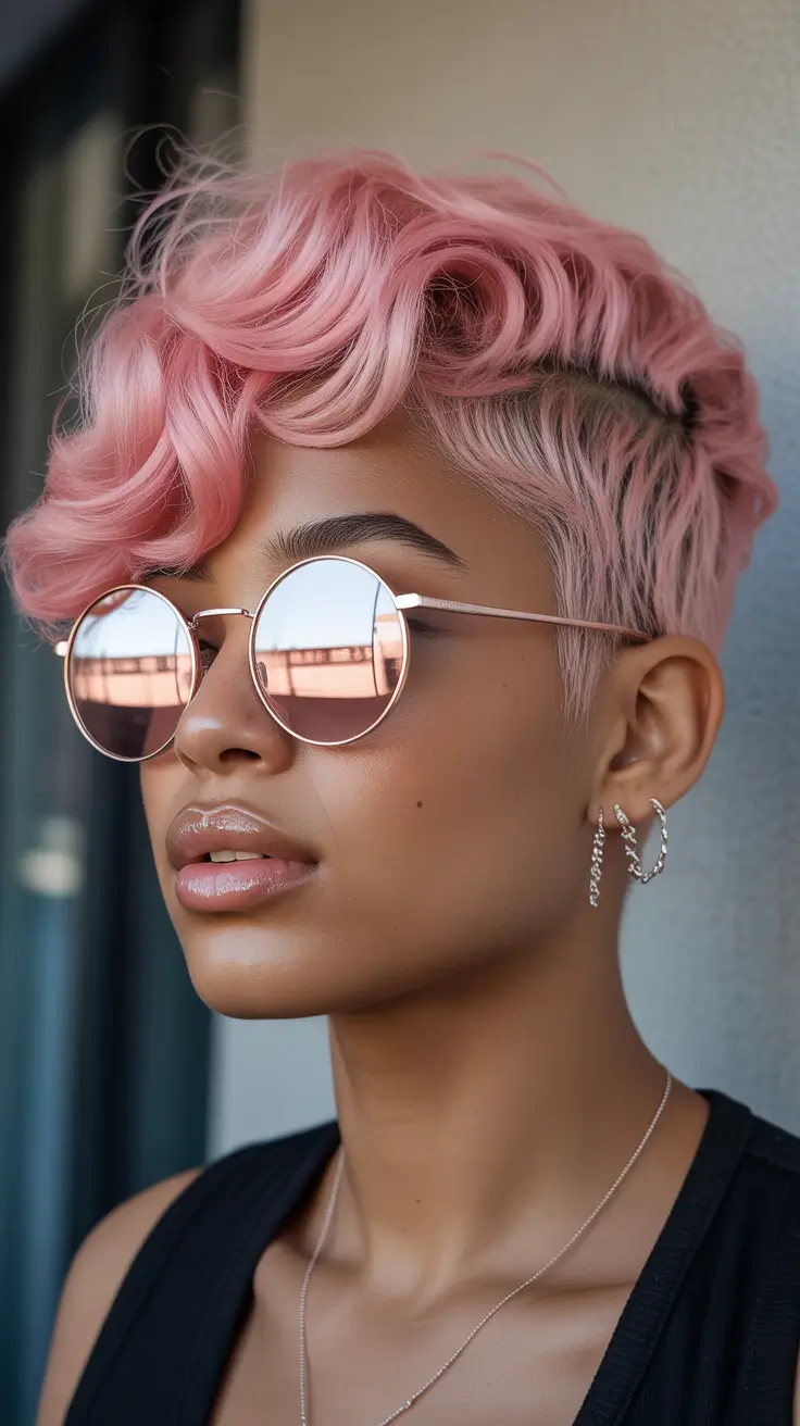 asymmetrical pixie haircut ideas 2026 Pastel Pink Asymmetrical Pixie With Sculpted Waves