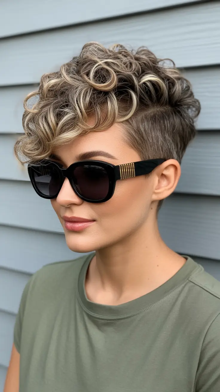 asymmetrical pixie haircut ideas 2026 Voluminous Curly Pixie With Highlighted Texture