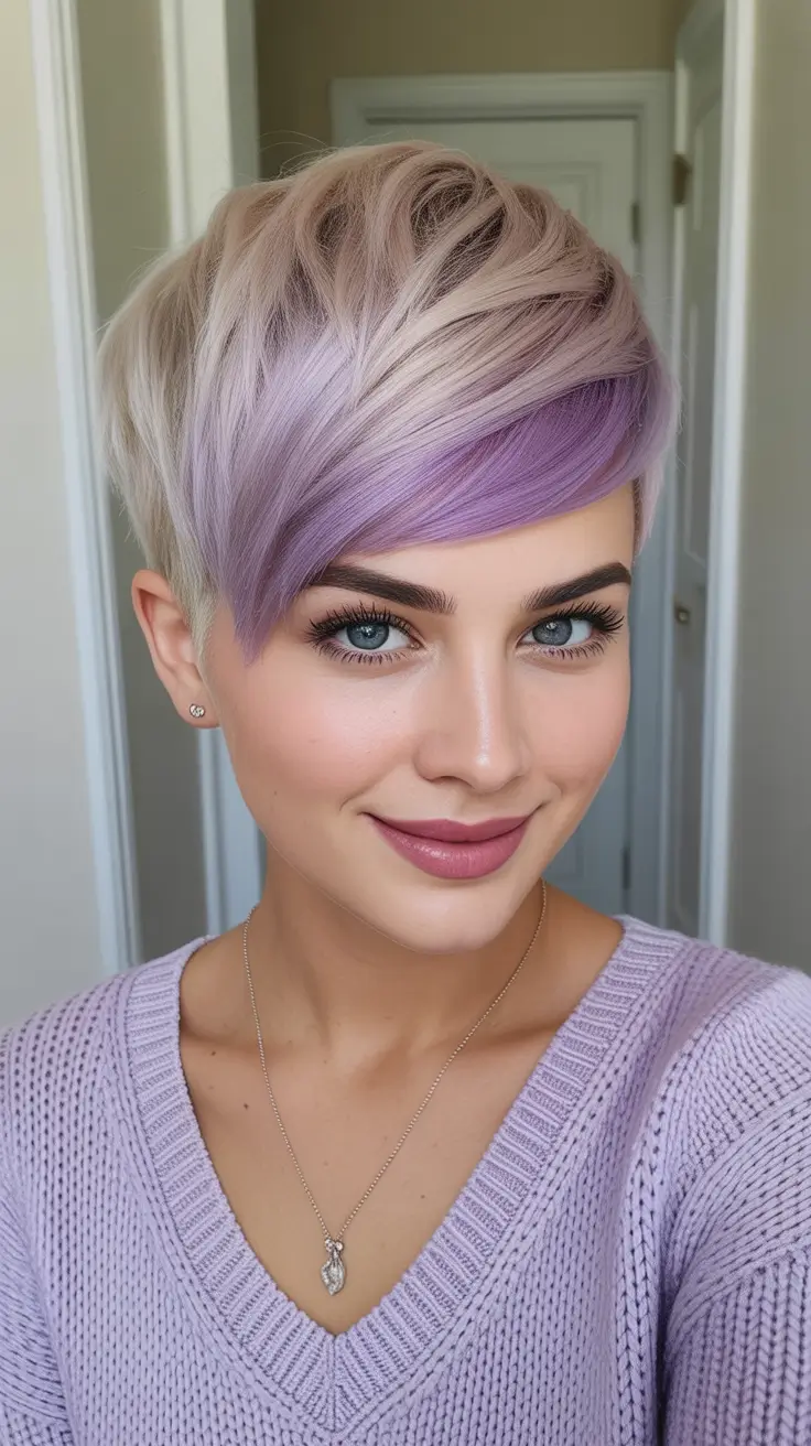 asymmetrical pixie haircut ideas 2026 Lavender Frost Pixie With Layered Fringe