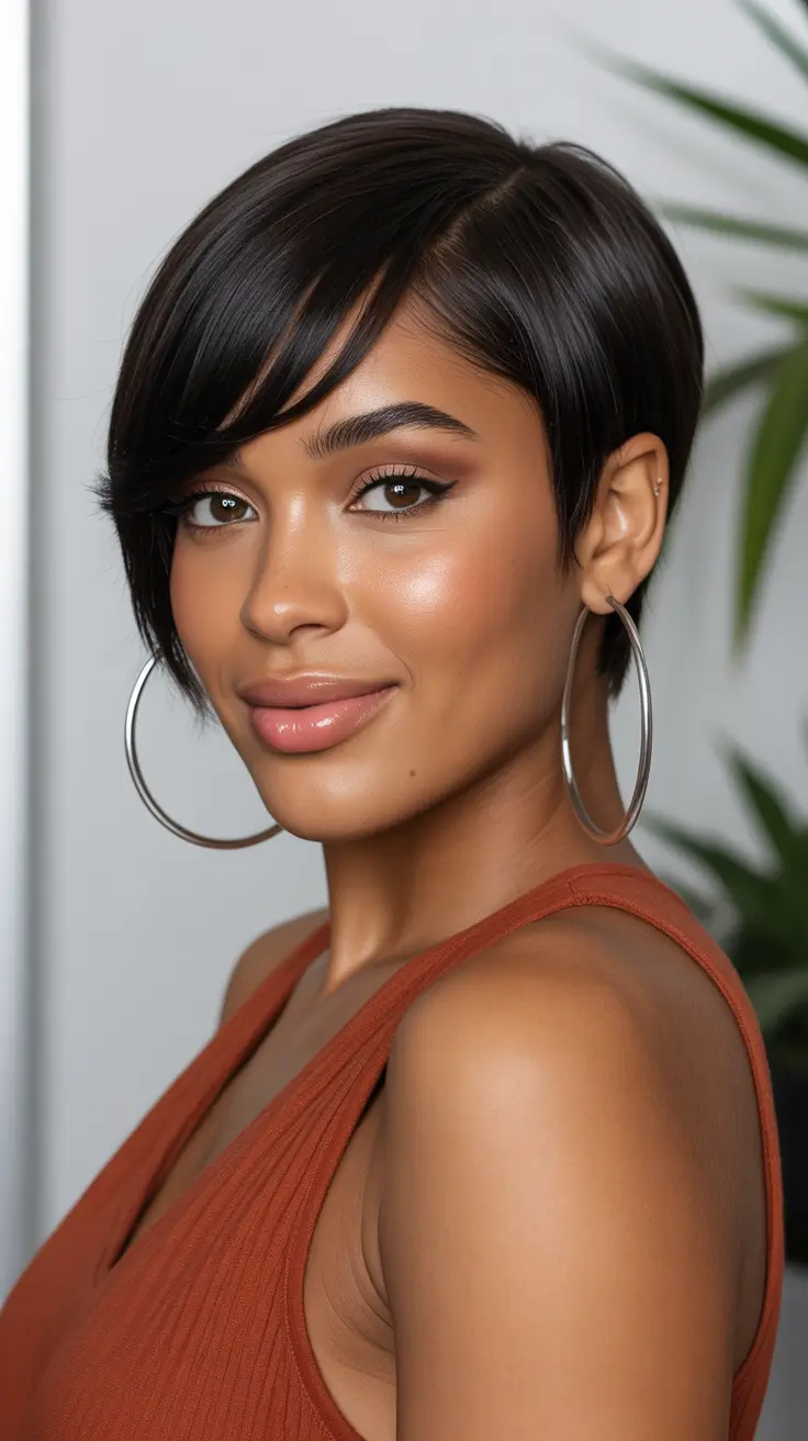 asymmetrical pixie haircut ideas 2026 Glossy Sleek Pixie With Tapered Sides