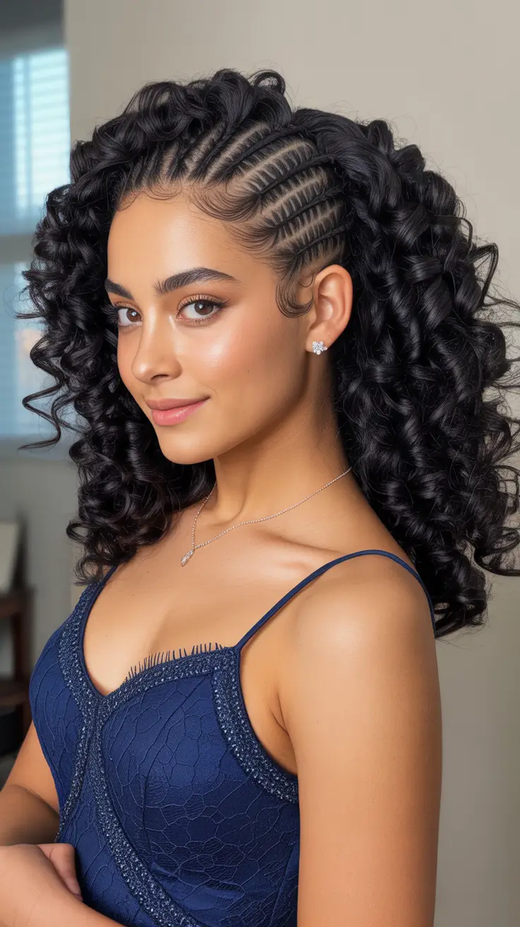 curly-hairstyles-2026-Defined-Side-Cornrows-with-Voluminous-Curly-Cascade