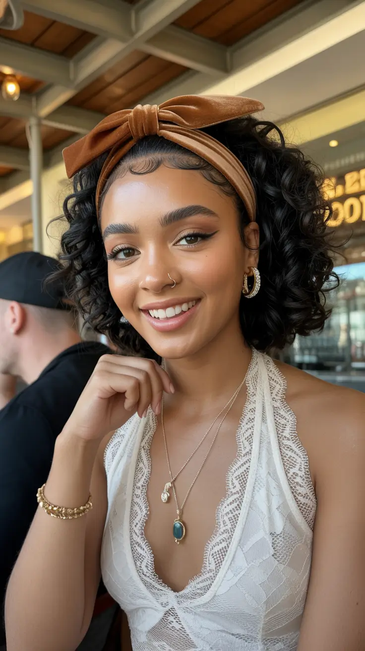 curly-hairstyles-2026-Velvet-Headband-with-Short-Glossy-Curls