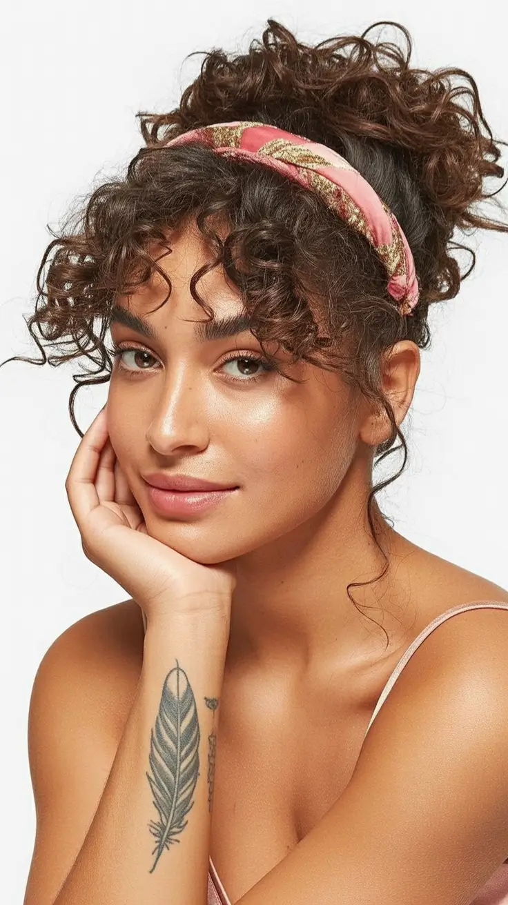 curly-hairstyles-2026-Soft-Curly-Bun-with-Silk-Headband