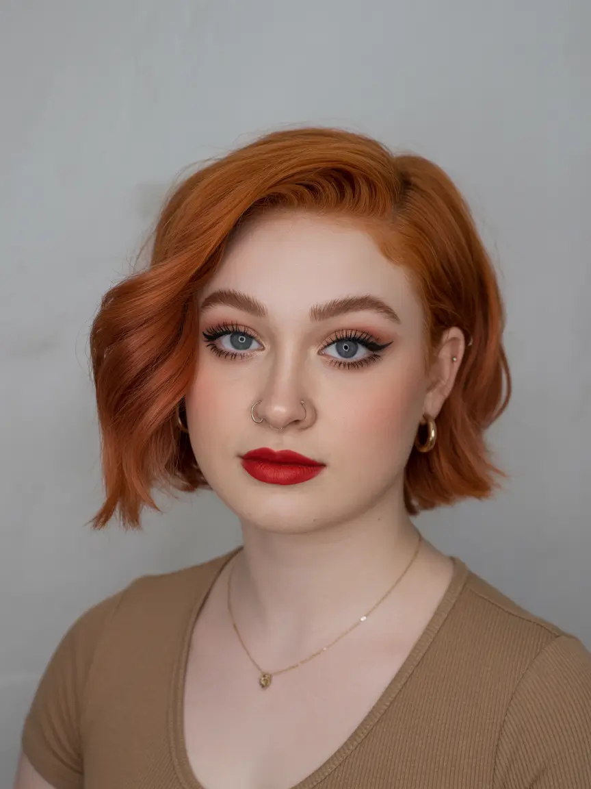 Best haircuts for chubby faces 2026 Warm Copper Bob With Side Sweep