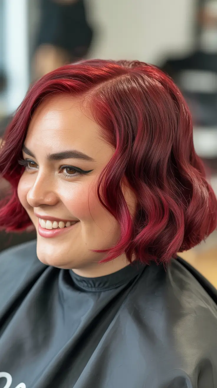 Best haircuts for chubby faces 2026 Glossy Red Bob With Defined Shape