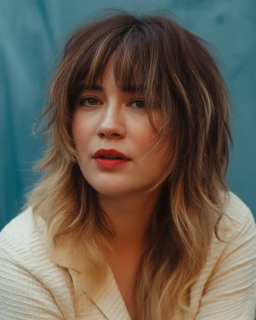 Best haircuts for chubby faces 2026 Layered Shag With Wispy Bangs