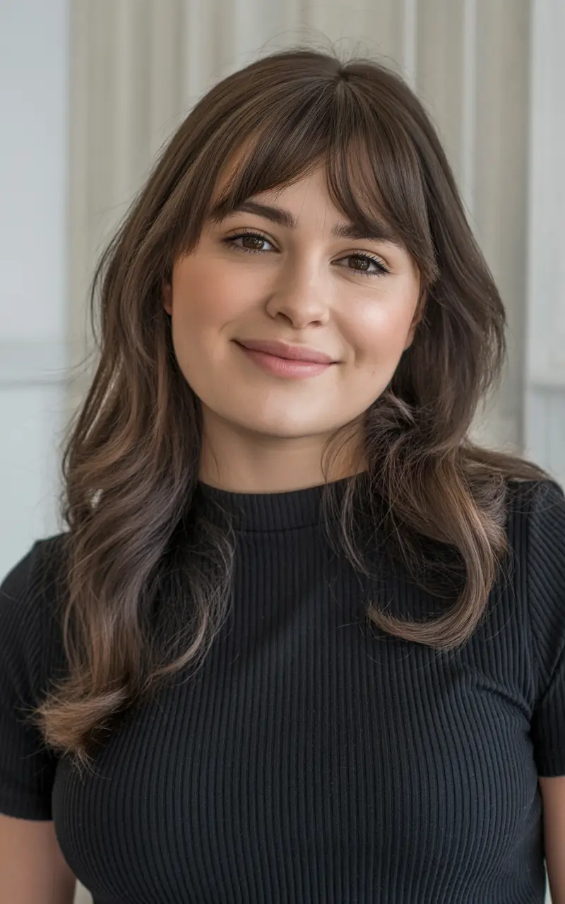 Best haircuts for chubby faces 2026 Long Soft Waves With Curtain Bangs