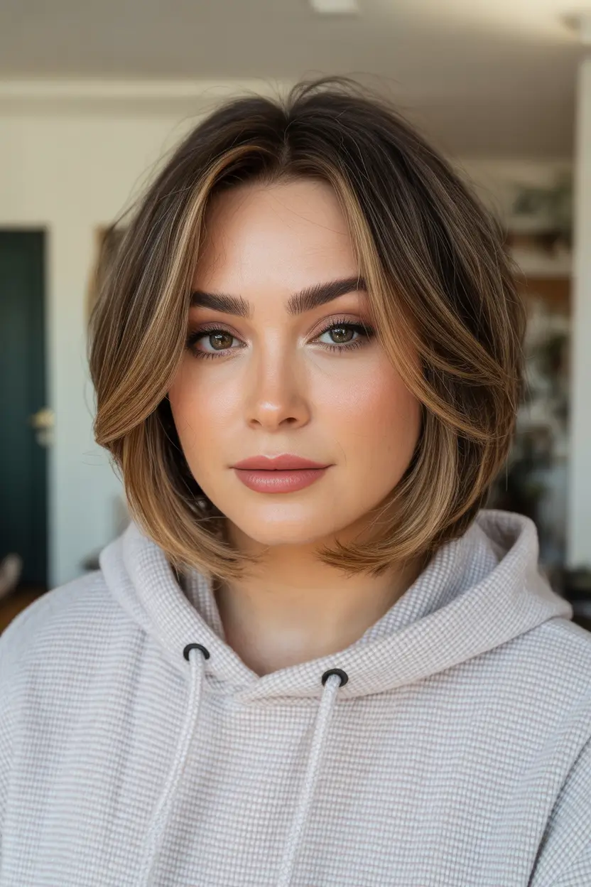 Best haircuts for chubby faces 2026 Layered Collarbone Bob With Soft Contour