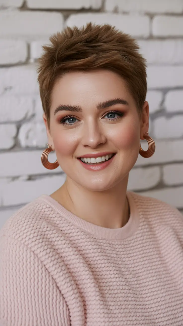 Best haircuts for chubby faces 2026 Soft Brunette Pixie With Lifted Texture