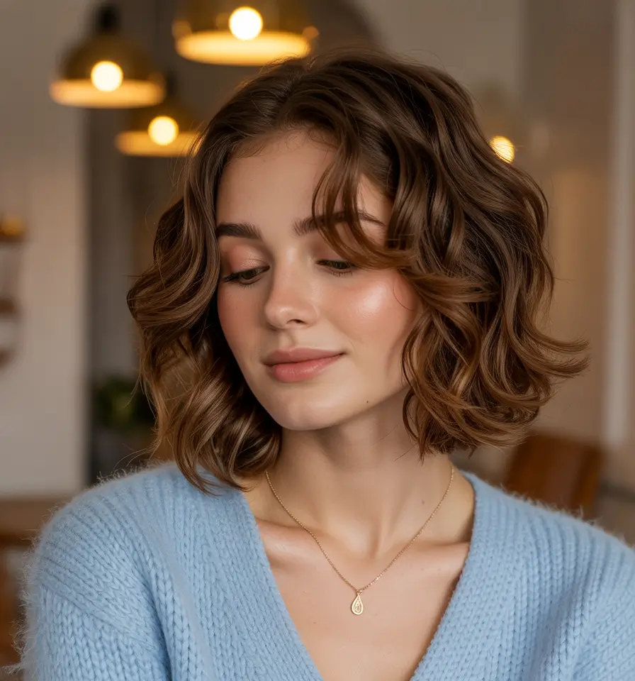 Best haircuts for medium hair 2026 Cheekbone-Length Wavy Bob With Light Gold Ribbons