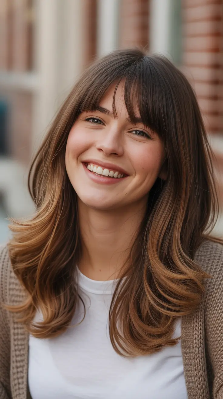 Best haircuts for medium hair 2026 Classic Long Layers With Brow-Grazing Bangs