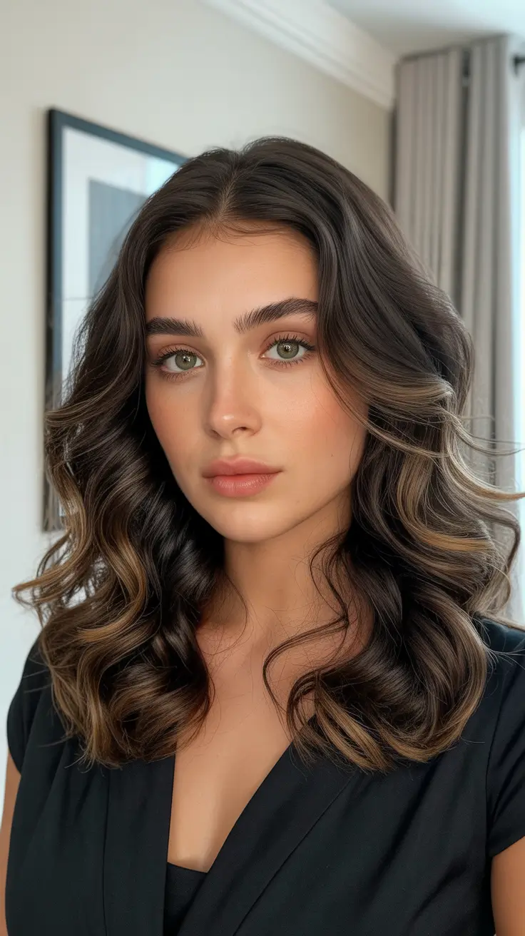 Best haircuts for medium hair 2026 Soft Brunette Waves With Delicate Highlights