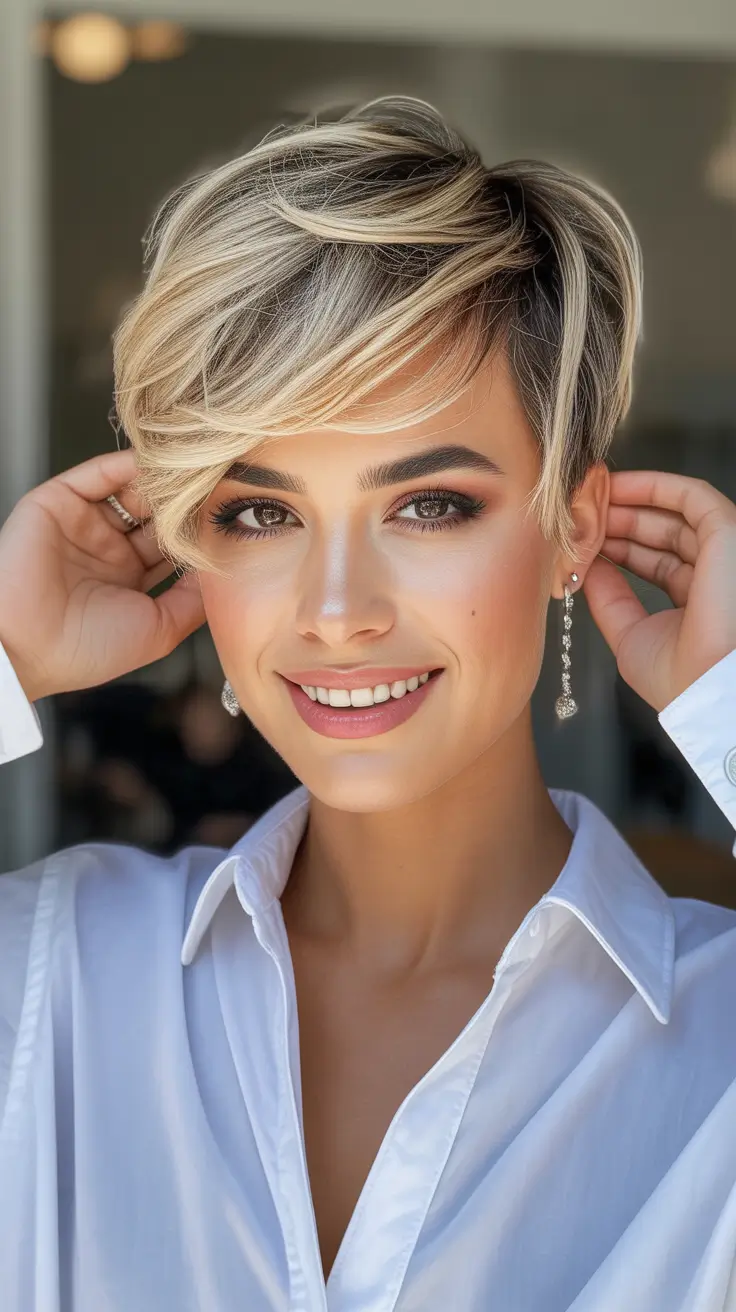 Best haircuts for thin fine hair 2026 Textured blonde pixie with sweeping definition