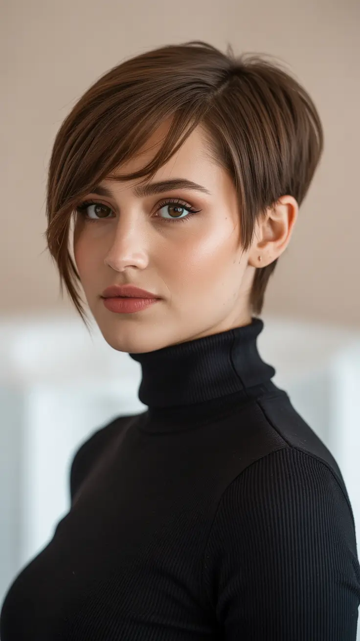 Best haircuts for thin fine hair 2026 Modern brunette pixie with clean tapering