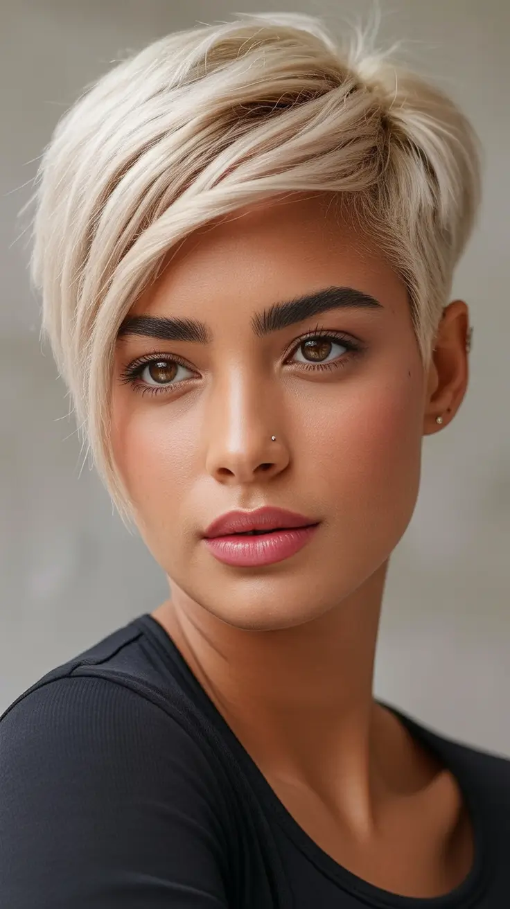 Best haircuts for thin fine hair 2026 Platinum pixie sweep with soft tapered edges