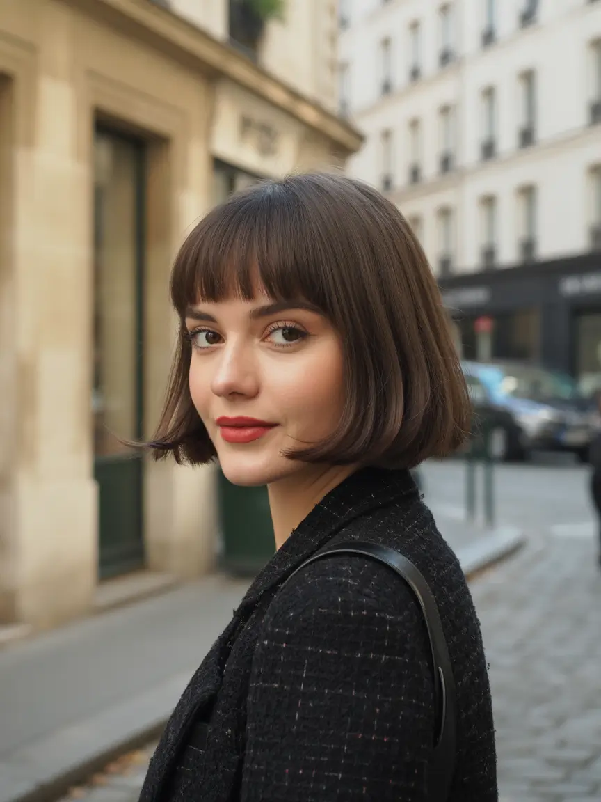 Best haircuts for thin fine hair 2026 Classic brunette bob with straight soft bangs