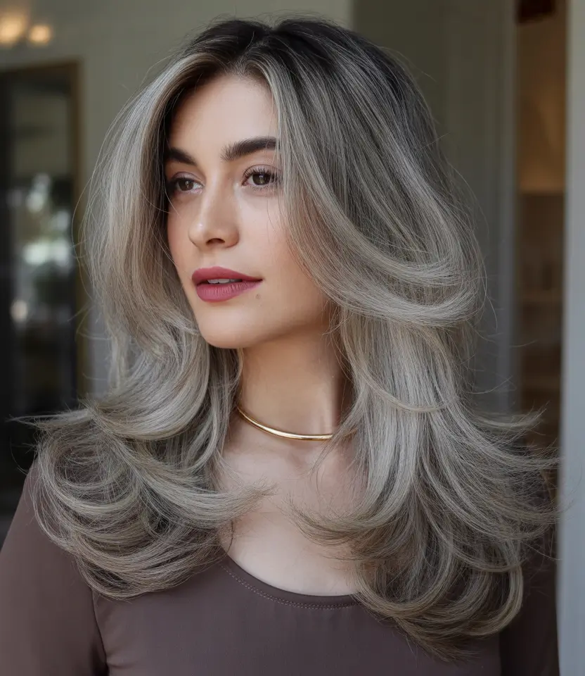 Best haircuts for thin fine hair 2026 Dimensional silver-blonde long layers with sweeping lift