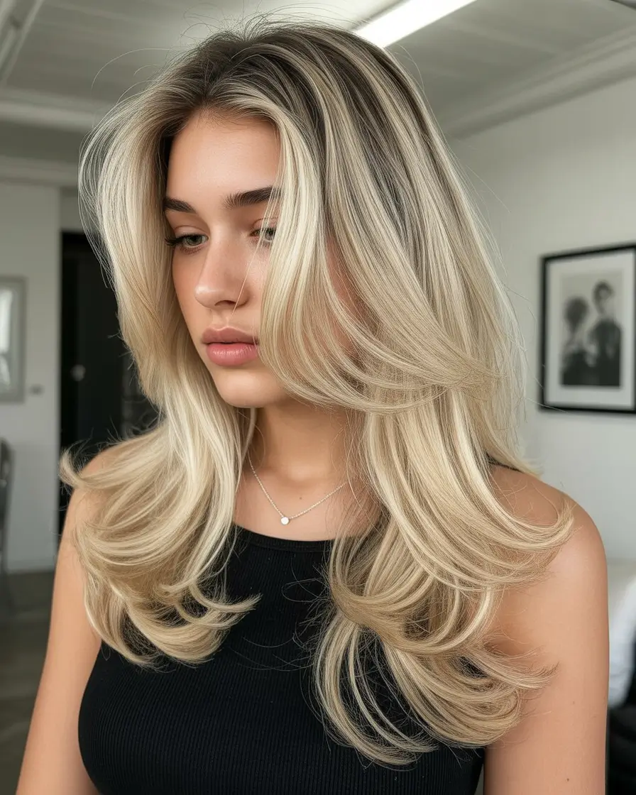 Best haircuts for thin fine hair 2026 Sunlit long layers with curtain brightness